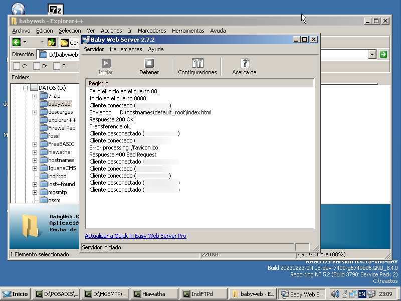 ReactOS_es's tweet image. BabyWeb Server corriendo en #ReactOS gracias a un sencillo parche en la C Runtime, ademas necesita mfc42.dll para iniciar
Test gracias a @julcar_gye