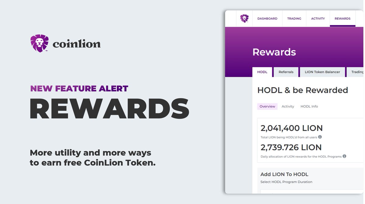 coin_lion's tweet photo. CoinLion Rewards is now live! 

On top of automatic crypto trading, you'll now earn free CoinLion Token when you HODL it or refer friends to the platform. 

Log in or create your account to participate in CoinLion Rewards! https://t.co/FzfARP86Xc https://t.co/za6WZV5LBz