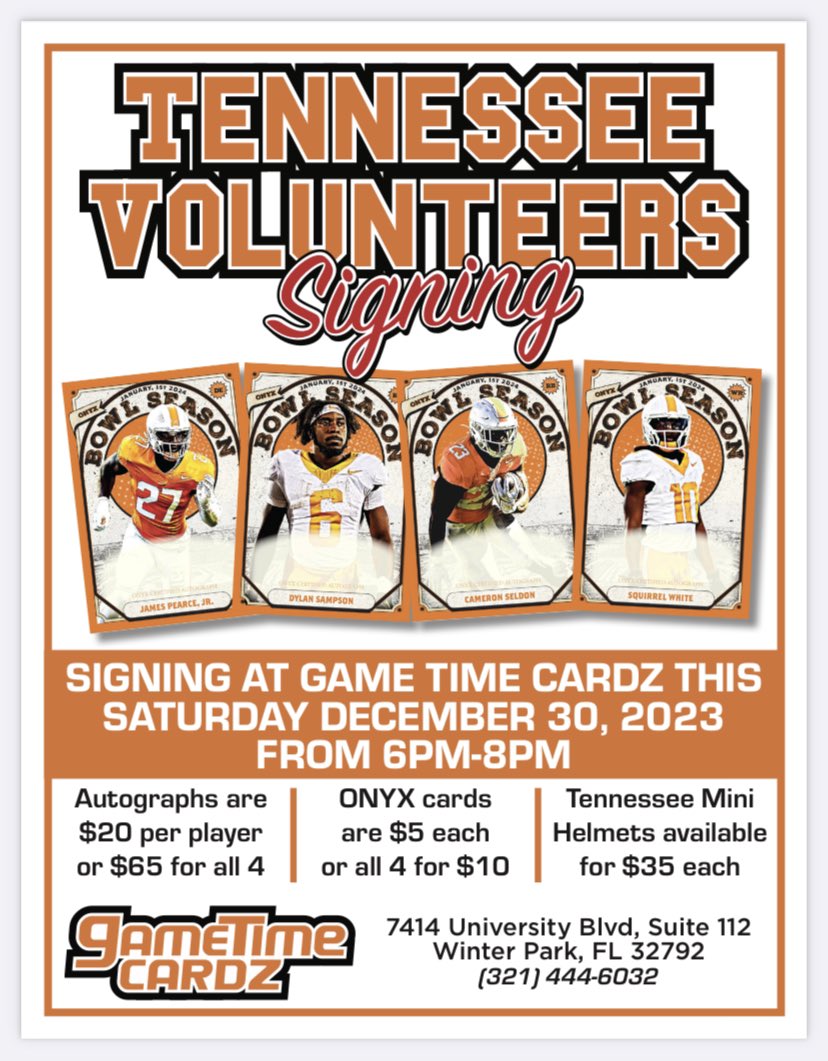GameTime407's tweet photo. Tennessee Volunteers Football Signing THIS SATURDAY, December 30, 2023 at Game Time Cardz from 6:00pm-8:00pm.
Come meet Squirrel White, James Pearce Jr, Cameron Seldon, and Dylan Sampson!
@thevolclub #thevolclub @vol_football @citrusbowl #gametimecardz @Onyx_Authentic https://t.co/kL1g1eR2md