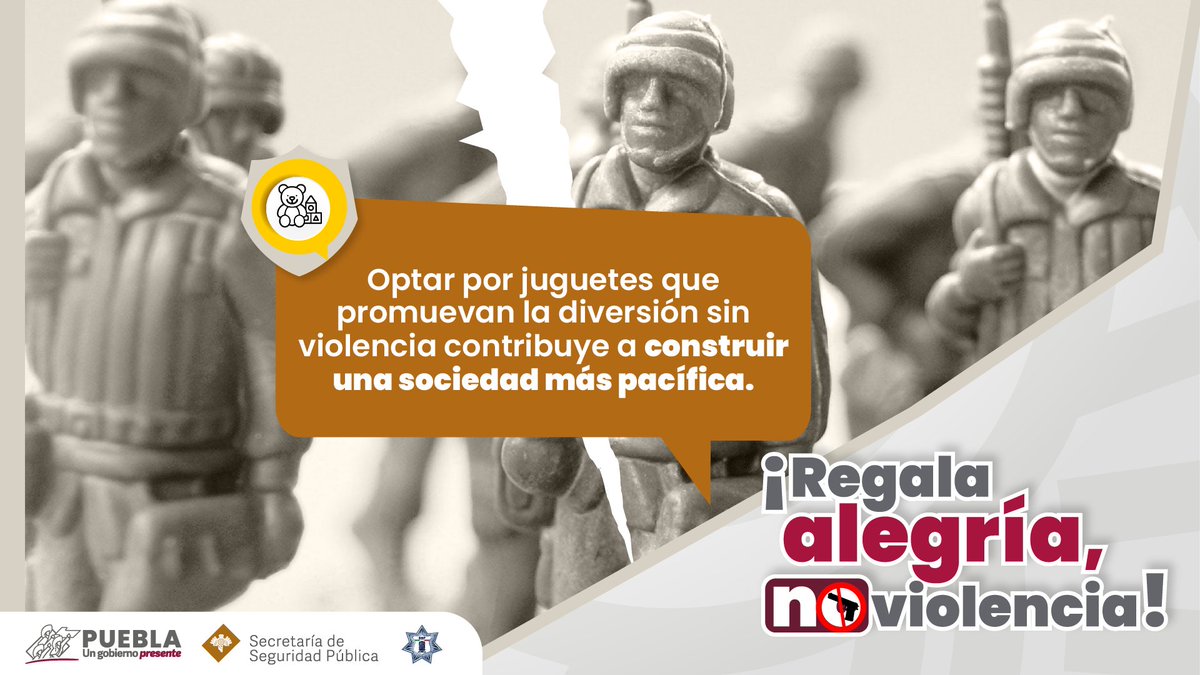 CAuxiliarGobPue's tweet photo. ¡Regala alegría, no violencia! 🙌 
 
🌟 Procura brindar a tus hijas e hijos, juguetes que impulsen su desarrollo físico, emocional y cognitivo. Evita la compra de armas falsas u otros objetos que promuevan la agresividad. https://t.co/5jxu0YuwCM