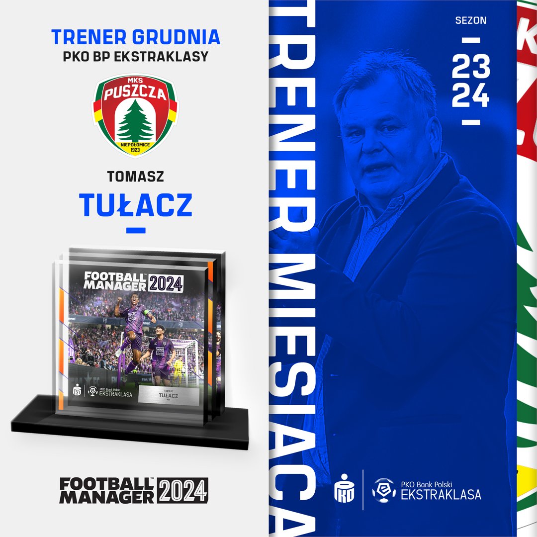 _Ekstraklasa_'s tweet photo. Historyczna nagroda dla Tomasza Tułacza 💪 Trener @PuszczaMKS został wybrany Trenerem Grudnia 👏 Gratulacje👏

👉 https://t.co/qTofdP2y6D https://t.co/DvTJlglSEB