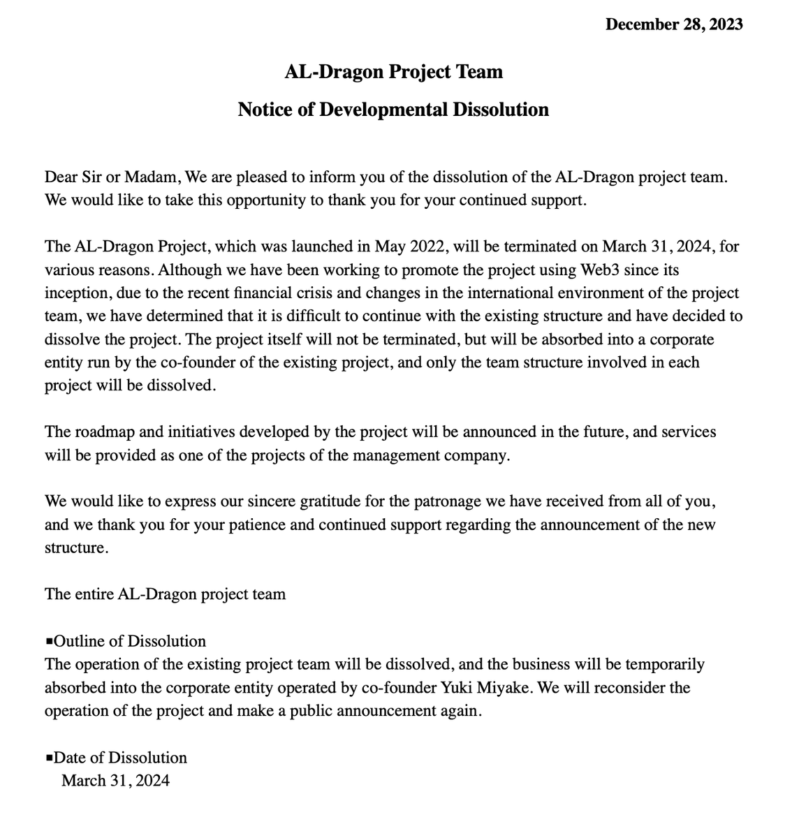 AldragonX's tweet photo. Hi, Dragon holder

Thank you for your support!

We have decided to dissolve the Japan and Georgia team structure!

We will be focusing on Japanese companies from now on, but we will reconsider our services again and let you know. https://t.co/WAd9KLfu42