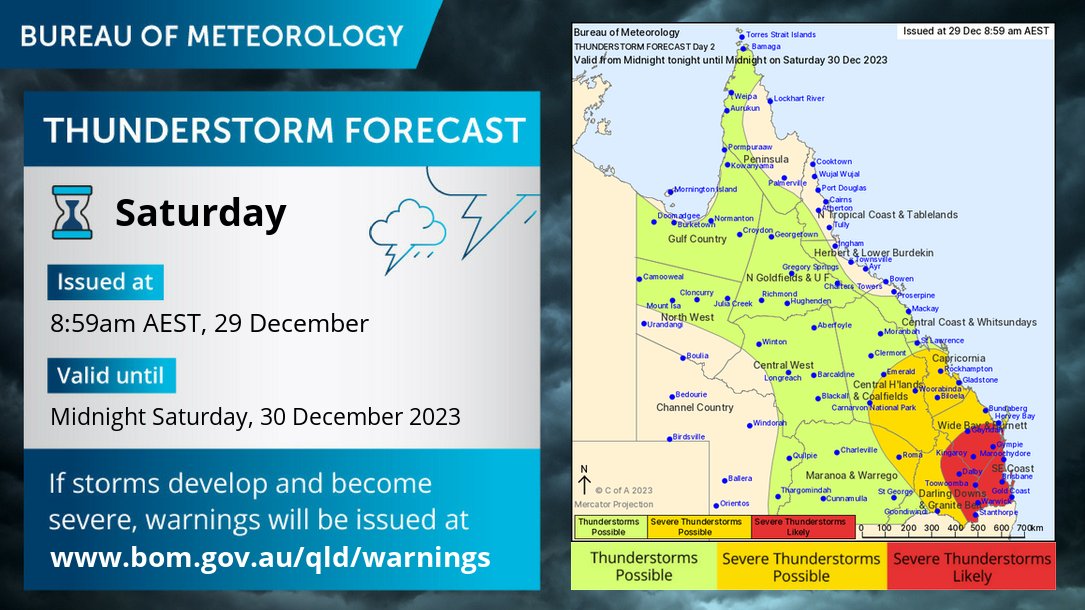 Storm forecast(Sat): SEVERE STORMS LIKELY in #Brisbane #GoldCoast #SunshineCoast and SE QLD. DAMAGING WIND (>90 km/h) LARGE HAIL (>2cm) HEAVY RAIN all concerns. VERY DANGEROUS STORM with DESTRUCTIVE WINDS, GIANT HAIL, INTENSE RAIN possible. Monitor warning bom.gov.au/qld/warnings/