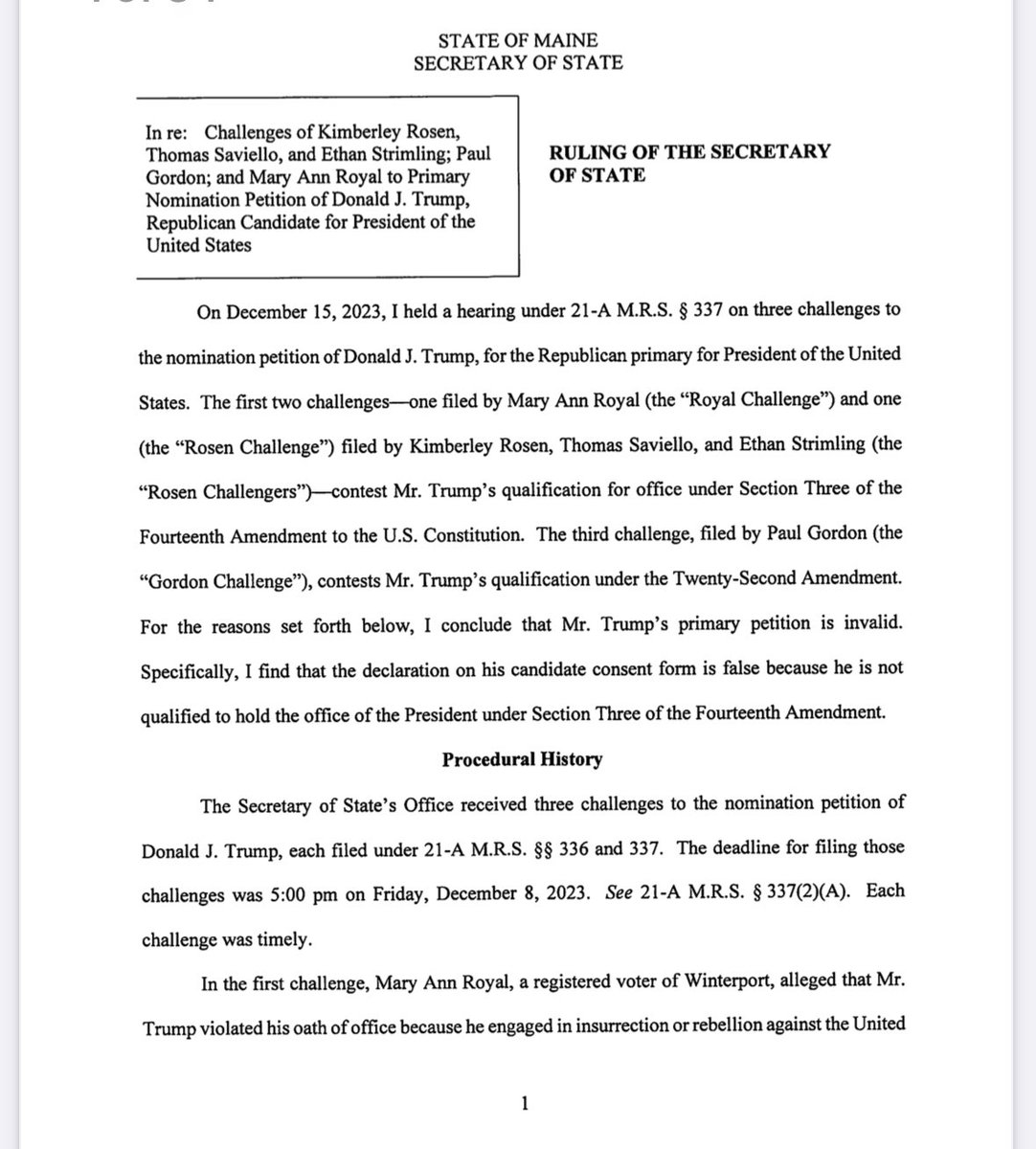 alx's tweet image. BREAKING:: Maine Secretary of State says Donald Trump is ineligible to appear on 2024 ballot