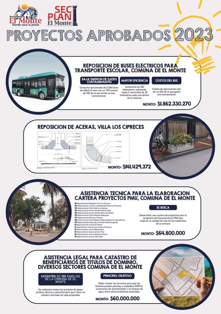 MuniElMonte's tweet photo. 🔵⚪️🟡 Estimada comunidad, incluimos en estas imágenes los proyectos municipales 2023 que se encuentran aprobados hasta la fecha. Con un monto final de $2.610.494.900

#MuniEnTerreno #ElMonte #Chile #SECPLAN https://t.co/s1tng7pd7T