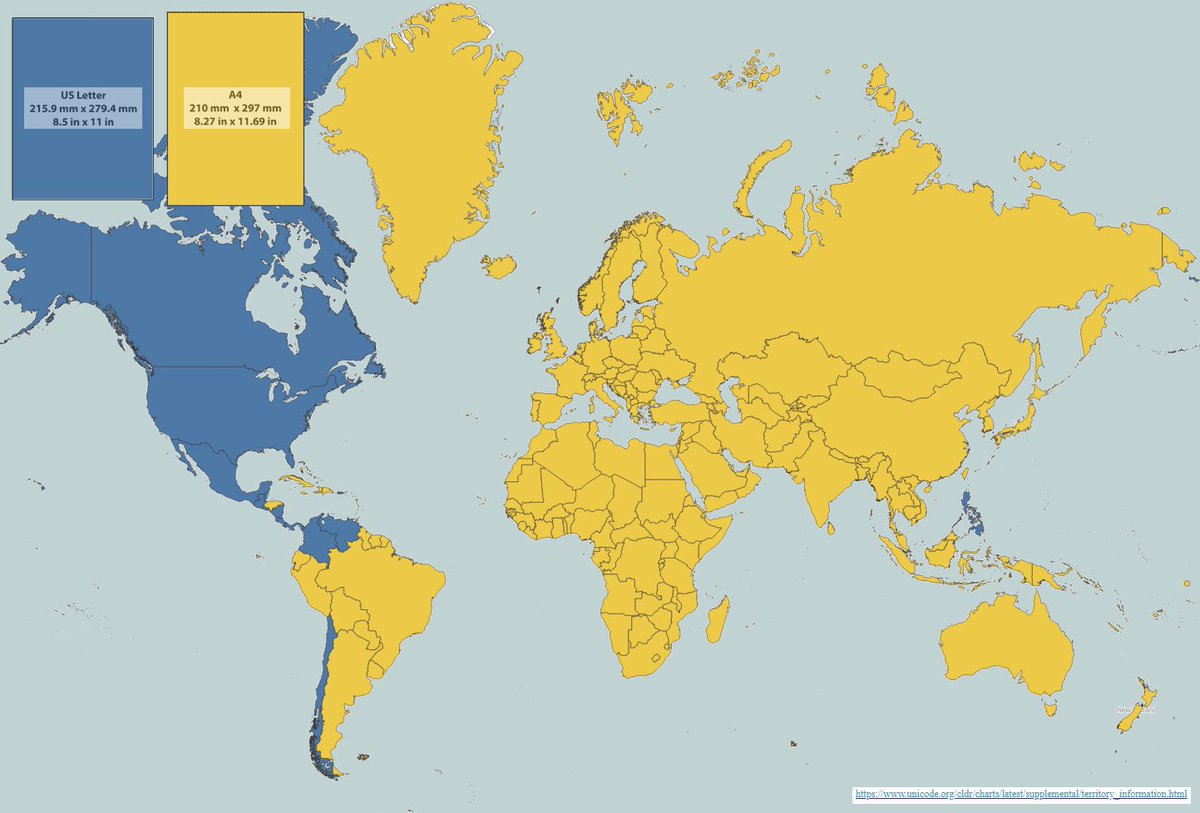 Paper sizes world map
