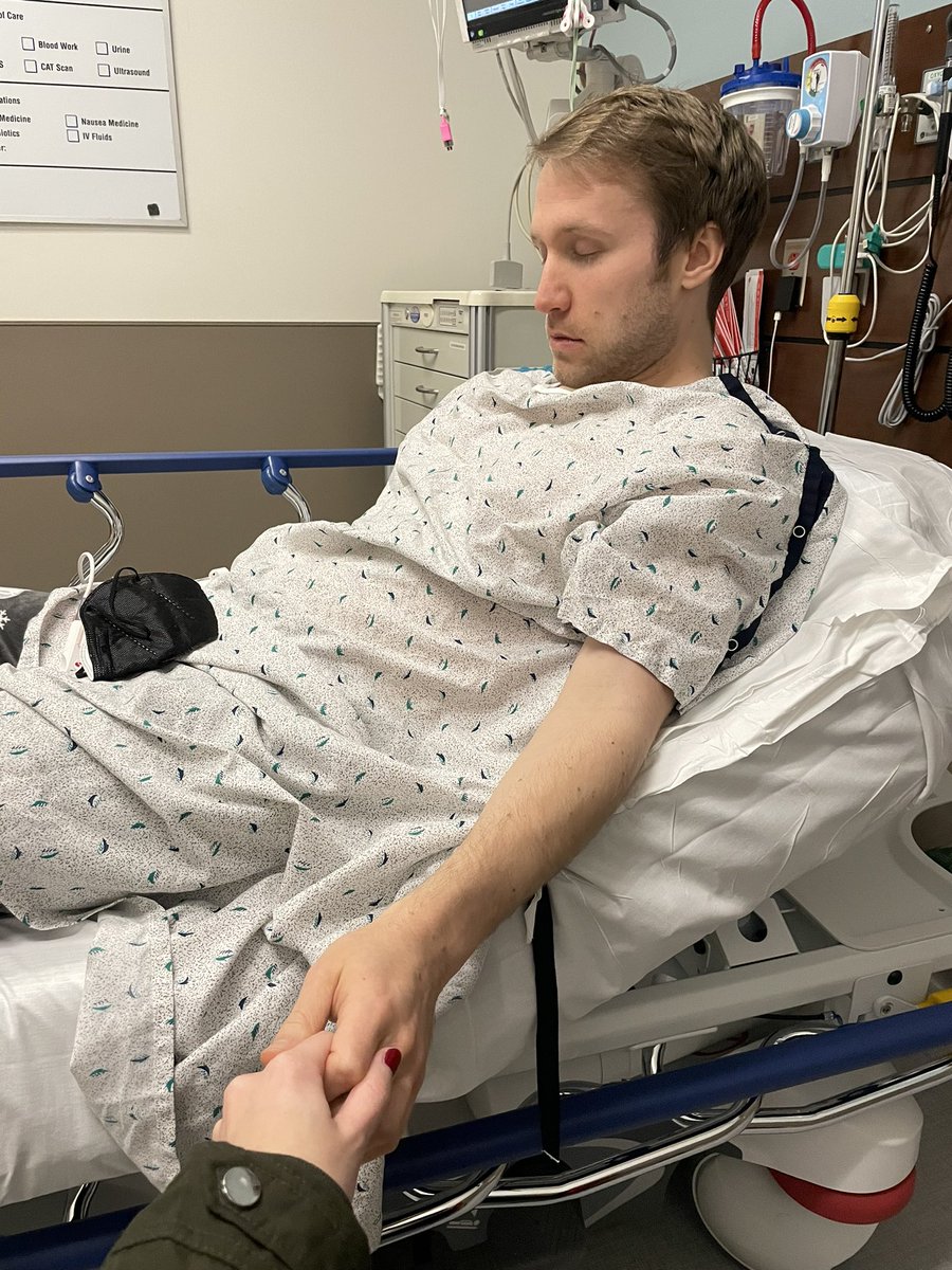 McJuggerNuggets's tweet photo. two nights ago, ashley had to rush me to the ER. 

my heart started having palpitations and i felt like i was going to blackout…this same thing happened 2 months ago when i had covid during the movie. 

ive been admitted to the hospital…i have had no sleep in the last 30 hours…cant eat…heartbeat is apparently irregular. 

anytime i eat, i start blacking out. it’s all very scary, idk what’s happening neither do doctors. thankfully im stabilized right now. comes in waves. 

love you all. ❤️ going to rest.