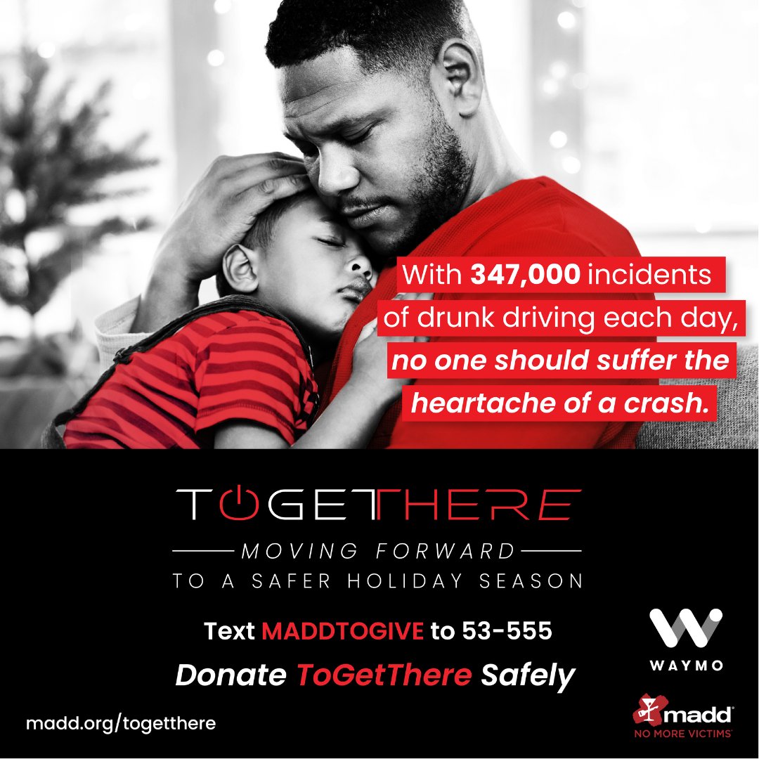 MADDNational's tweet photo. Your donations are now twice as impactful thanks to our partners @Waymo! Help us work towards a world of #NoMoreVictims by texting MADDTOGIVE to 53-555. #ToGetThere #NoMoreVictims https://t.co/rPprz3E6h2
