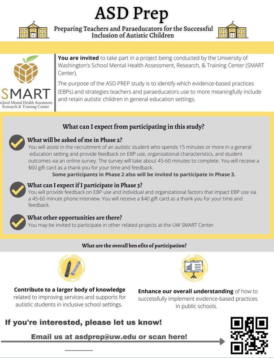 SMART Center (@smartctr) on Twitter photo We are thankful for the 123 schools in WA State that have helped us collect over 218 surveys about the strategies educators use to include autistic students in education settings. Please help us reach our 360 survey goal!
Interested in participating? Email us at asdprep@uw.edu We are thankful for the 123 schools in WA State that have helped us collect over 218 surveys about the strategies educators use to include autistic students in education settings. Please help us reach our 360 survey goal!
Interested in participating? Email us at asdprep@uw.edu