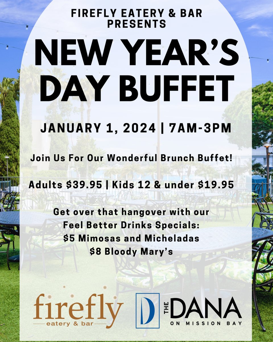 FireflyEatery's tweet photo. We are counting down the days until our New Year's Day feast!😍  

Join us for a delicious New Year's Day Brunch Buffet and don't miss out on $5 mimosas and $8 Bloody Mary's to kickstart your recovery from NYE celebrations! https://t.co/MIPGX1Cf2X https://t.co/QpZCR66RyH