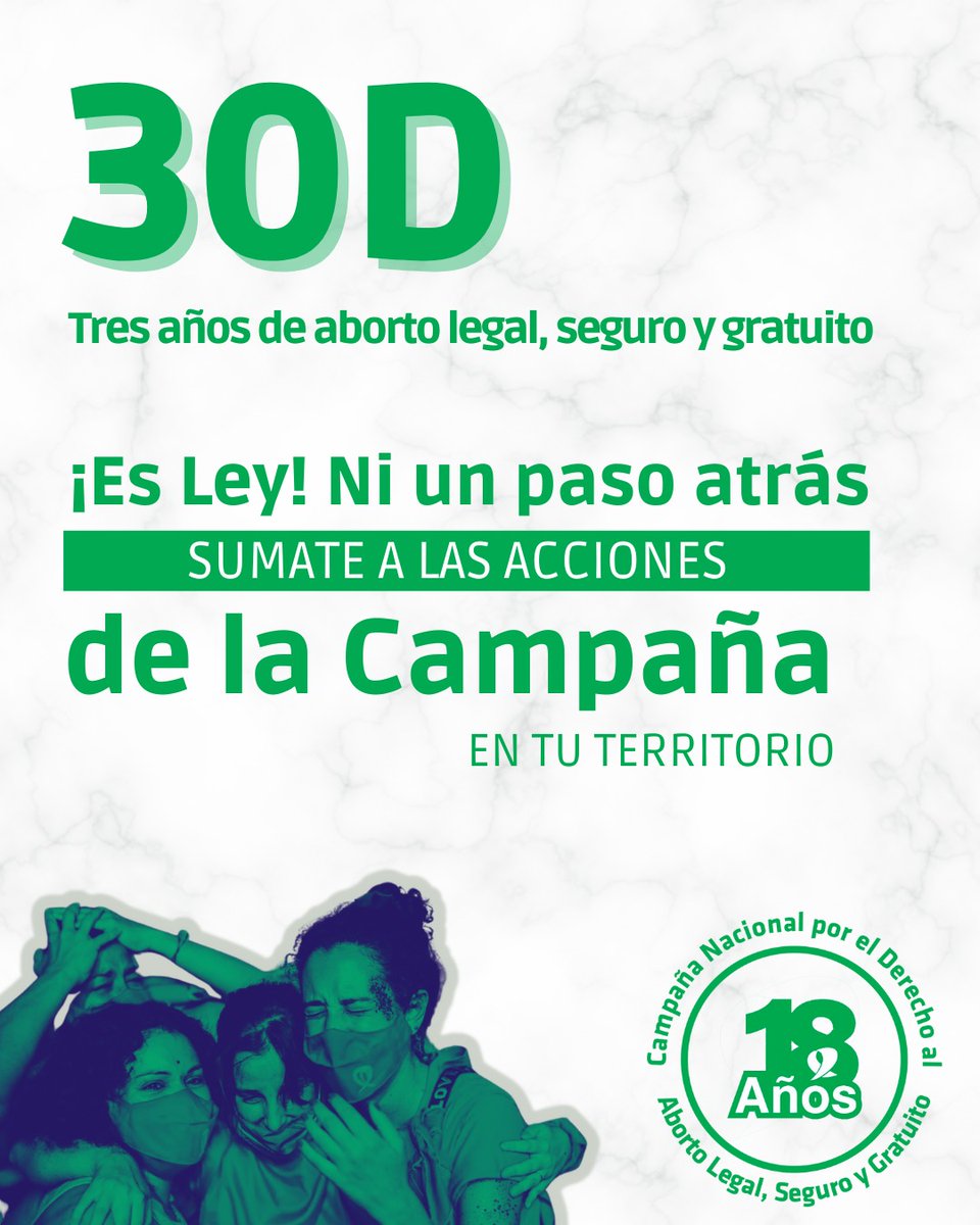 CampAbortoLegal's tweet photo. #30D Tres años de aborto legal, seguro y gratuito.

¡Es Ley! Ni un paso atrás

📢 Sumate a las acciones de la Campaña en tu territorio.

📍CABA - 29/12 • 17h • en el Congreso

📍La Plata - 29/12 • 18h • Plaza Moreno

📍Santa Fe - 29/12 • 18:45h • Puente Colgante https://t.co/DDfG5C1K27