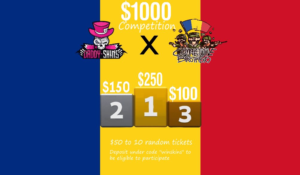 CompBrosTrading's tweet photo. 💰$1025 Daddyskins Depositors Competition💰

Deposit at least $5 to enter.

🤑Repost + Tag a friend to win $25

🏆Top deposits win:
🥇$250
🥈$150
🥉$100

We are giving an extra $500 ($50x10) to random deposits tickets so you can win more than once! ($1=1 ticket)

Use code ''winskins'' or the link https://t.co/oiMj0C69GX

✅Make sure to dm me with proof✅
Winners will be drawn in 7 days on stream!