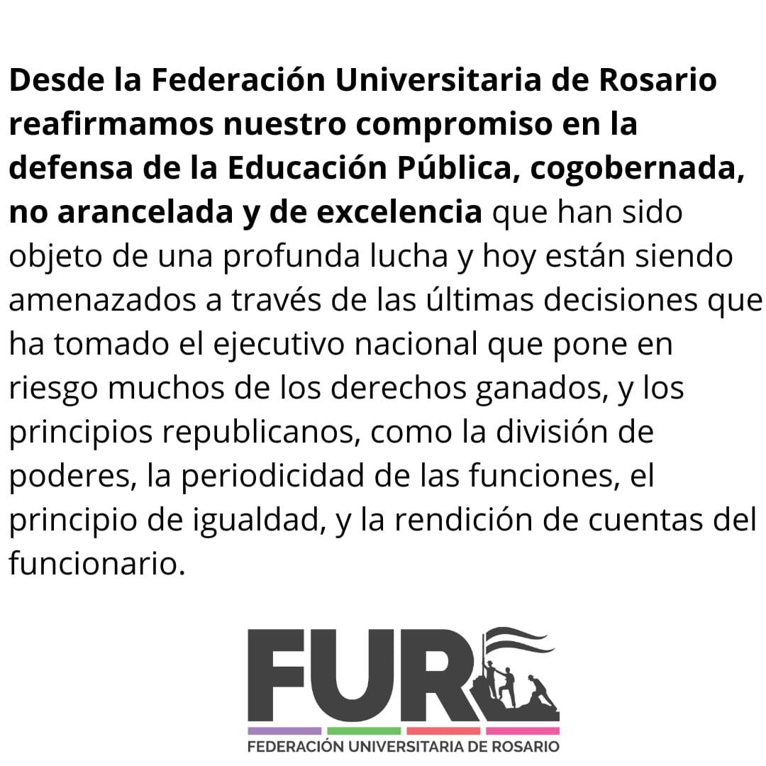 flordelcruz_'s tweet photo. 🚨 Posicionamiento de la Federación Universitaria de Rosario con respecto a las medidas del ejecutivo nacional con respecto a la Universidad Argentina. 

La salida a los problemas que tiene nuestro país es con más y mejor educación pública, gratuita y de calidad. https://t.co/Dv5OUANrJj