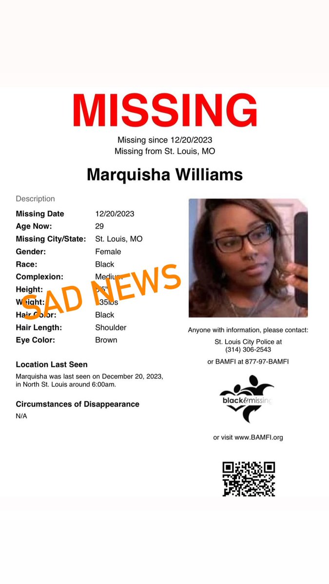 SAD NEWS: Yesterday, the ex-boyfriend of missing mother of 4, 29y/o Marquisha Williams, was charged for her murder. Today, the Illinois State Police have found her body in northern Illinois near Chicago. 

Pls keep your continued thoughts &amp; prayers w/ Marquisha’s family 🙏🏽