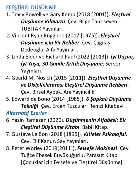 Bir süre önce, felsefenin yaklaşık 50 alt alanına dair bir Türkçe okuma listesi üzerinde çalışmaya başlamıştık. Hala gelişen ve 13 sayfa tutan listeyi burada parça parça paylaşmaya karar verdim. İlk kısım Eleştirel Düşünme alanı olsun (sıralama rastgele değildir):
