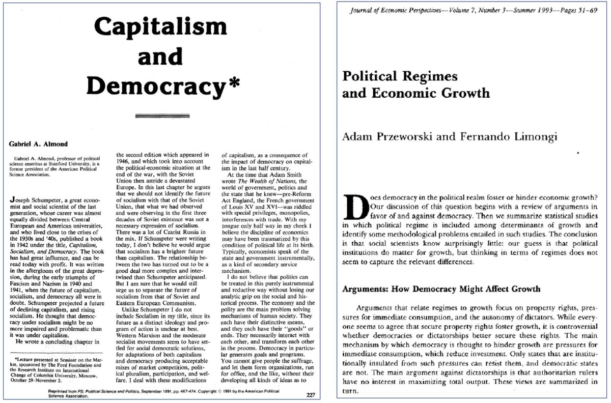 Lo q propone Milei es un cambio profundo pro-mercado. Y nos hace pensar sobre la relación entre democracia y capitalismo, muy debatida desde Marx y Polanyi. Para una reseña de las posiciones clásicas en el debate, recomiendo estos 2 artículos de Almond y de Przeworski y Limongi👇