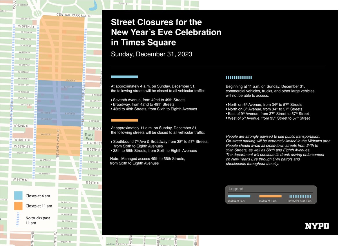 This Sunday is New Year's Eve! Mass Transit will be the best way to get you to and from your destination. If you plan on driving around Manhattan, check out the map below for street restrictions to help you plan your route.