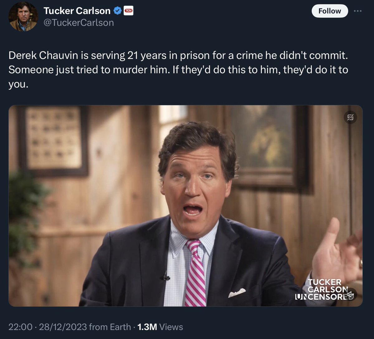 nazirafzal's tweet photo. Derek Chauvin killed George Floyd 
A jury found him guilty 
There’s video, there’s witnesses…
The appeal court threw his case out

But Carlson knows better..or he’s just being pathetically dishonest &amp; divisive…again https://t.co/IxNZ9RZERb