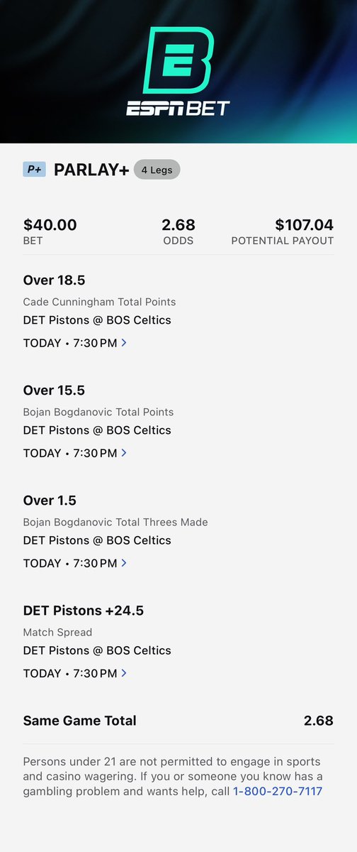 ParlaysHub's tweet photo. Something to follow tonight!
Parlay + via @ESPNBet
#DetroitBasketball #BostonCeltics #Celtics #Pistons #GamblingX #GamblingCommunity #GamblingTwitter #Parlay #ParlayPlus #EspnBet #bettingpicks #DETvsBOS #NBA #NBAX https://t.co/a2NH5IZWDm