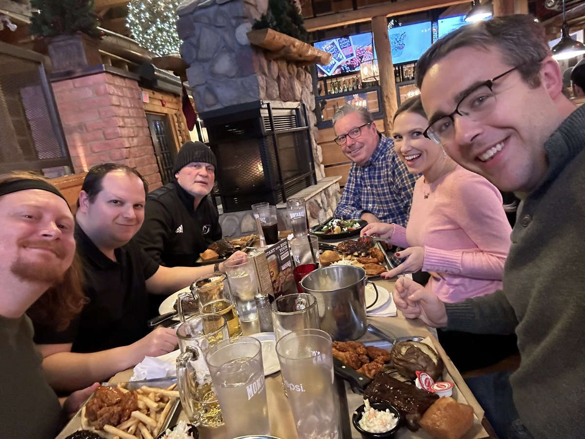 BillSpaulding's tweet photo. On a night off in Ottawa, @FriedgeHNIC the #njdevils TV and radio crews had to “try the ribs.” @JeffMarek, a pecan salad was had, as well. https://t.co/FjjgOLaSJK