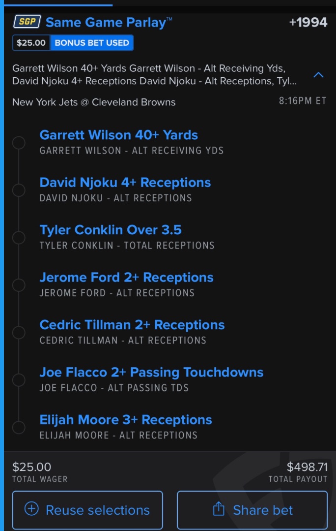 DataNerdBets's tweet image. $25 --&amp;gt; $498 💰👏
This one just feels so right
.
.
.
#NFL #MNF #parlay #jets #browns #sgp #dk #draftkings #fd #lotto #fanduel #njoku #moore #ford #wilson #tillman #flacco #siemian