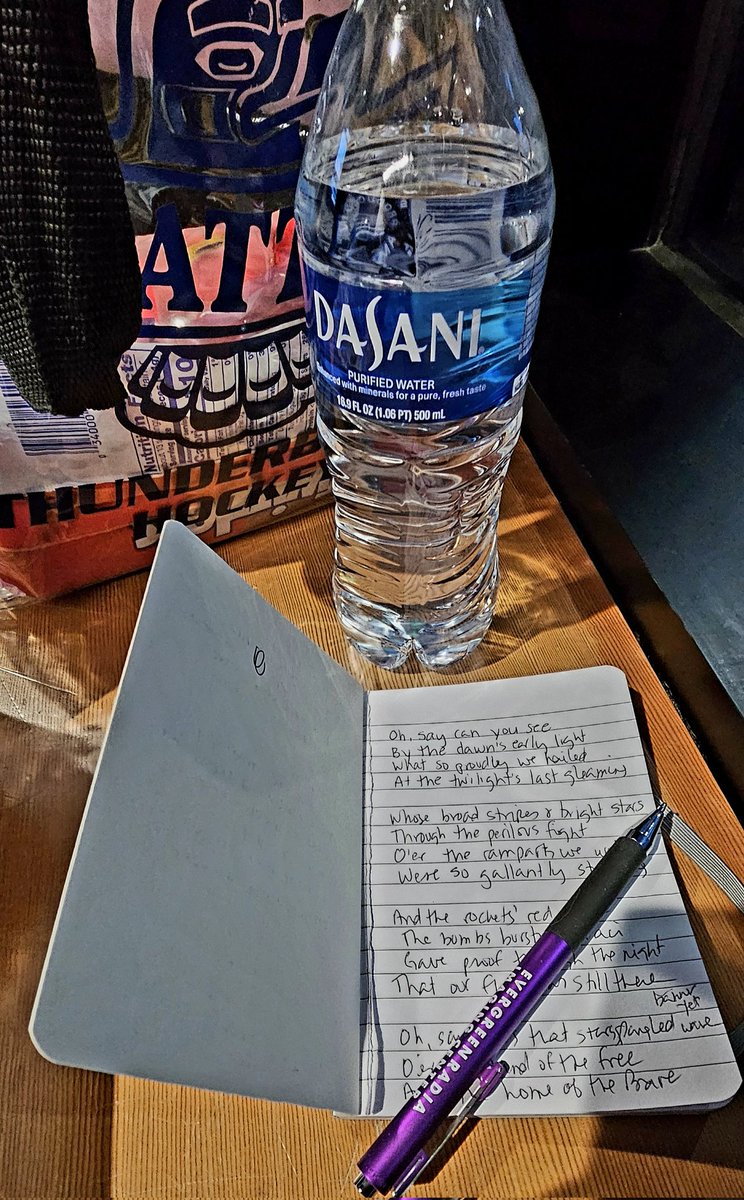 Motley_Su's tweet photo. My handwriting is a little messy, but I can read these lyrics. It's something I've done before each anthem gig since my college days in 1992.
#anthemsinger #pregameritual https://t.co/xzml7zj3Pw