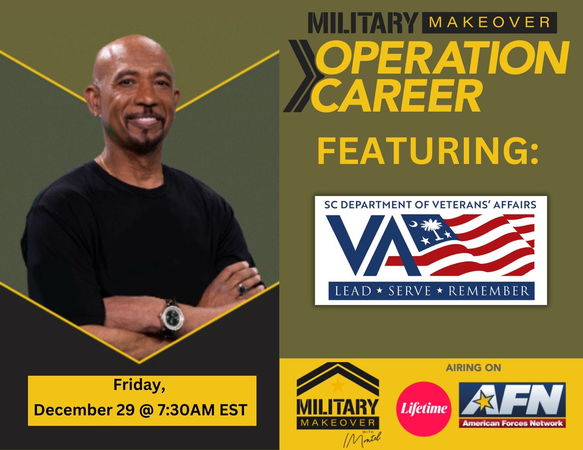 REMINDER: SCDVA is being featured on an episode of Military Makeover: Operation Career with Montel Williams on Friday, December 29 at 7:30 AM on Lifetime Network! Learn more about how we help Veterans transition into a new chapter of their lives, enabling them to thrive in SC.