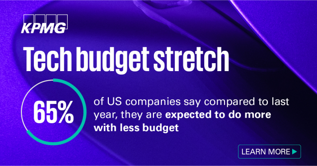 JoeBailitz's tweet image. 65% of US technology leaders report being expected to do more with less budget in 2023 and beyond. Learn more about both the challenges and opportunities they are facing in our latest report. #KPMGTechnology #DigitalTransformation bit.ly/41DhI0G