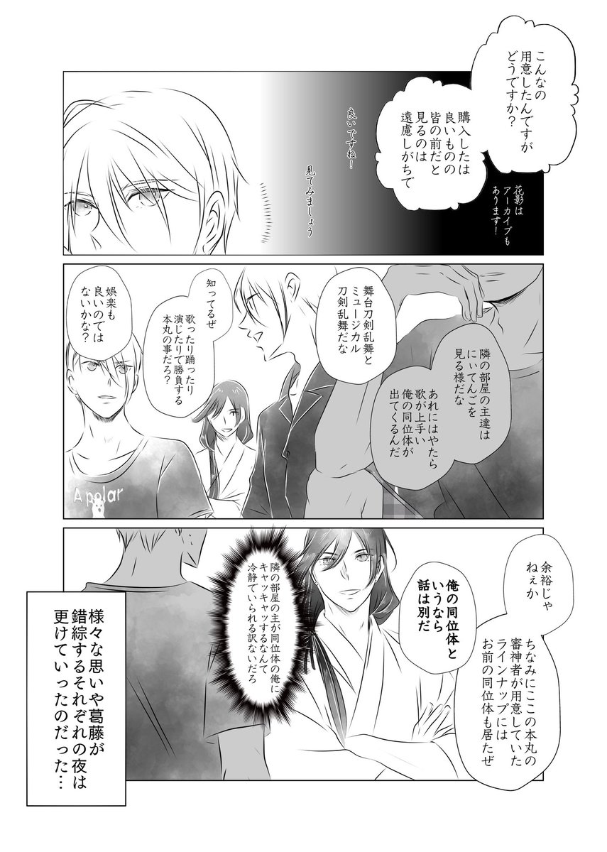 つづきです。
審神者さん&amp;同伴男士各々のパジャマ(ルームウェア)は参加していただいたフォロワさん方に選んでもらいました。 