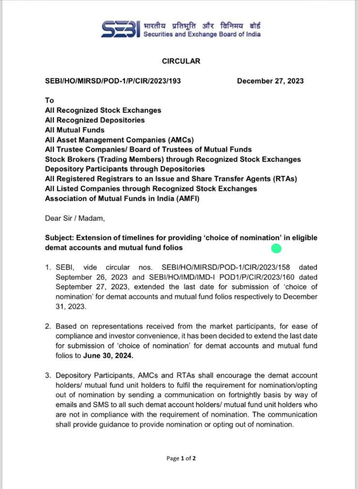 ImHKjain's tweet photo. Nomination Last date Extended for Demat account and Mutual Funds has now being  extended to 30th June 2024.  #mutualfunds #demat #nominee #nomination #lastdate #extention #sebi #circular https://t.co/ipDAQi2gmg