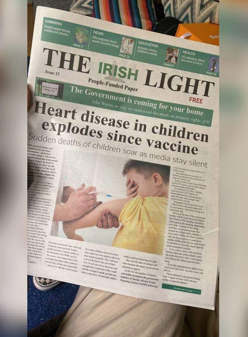 Capa de jornal irlandês de hoje, The Irish Light: “Doenças cardíacas em crianças explodem desde vacina - Mortes súbitas de crianças disparam enquanto a mídia fica em silêncio”. Todos estão em silêncio - a maior covardia da humanidade.  Enquanto isso, Pfizer pede para vacinar