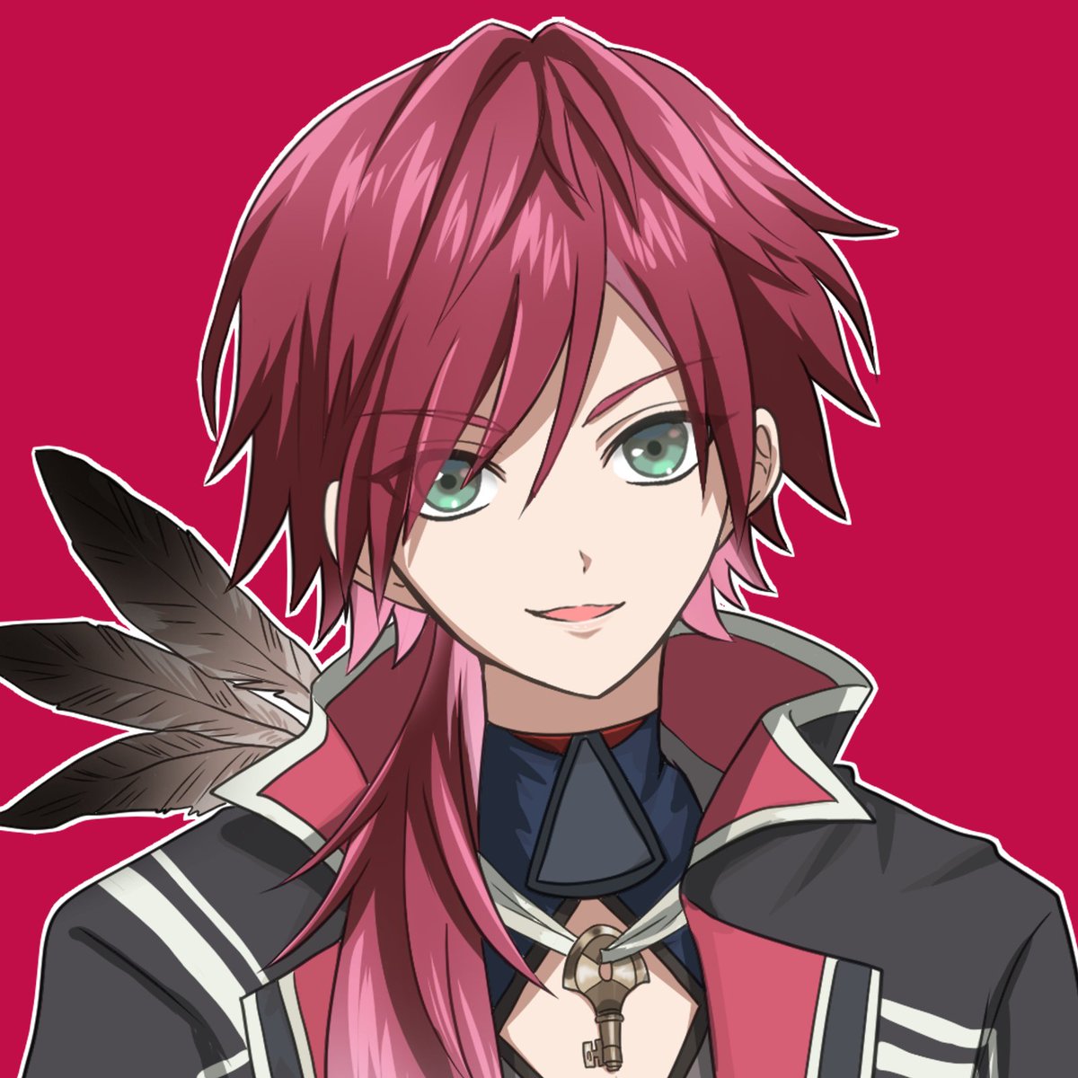 1boy male focus solo feathers red hair green eyes looking at viewer  illustration images