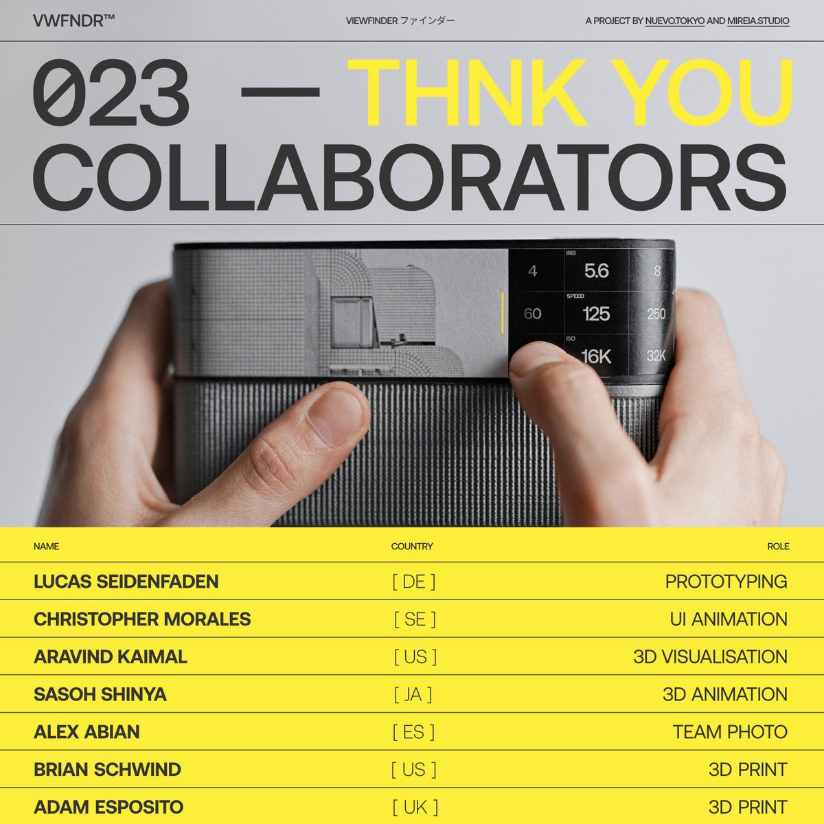 nuevo_tokyo's tweet photo. WHAT A YEAR 
→  SUPER grateful for the people who actively worked on VWFNDR™
-
So many people contacted us to share their excitement for the project with praise as well as very useful feedback. But we are most thankful to be surrounded by the skilled and passionate people who helped us actively and extensively (and for the love of art) on different parts of the project. Forever gracias.
-
ACTIVE COLLABORATORS
Christopher Morales — UI Animation
Aravind Kaimal — 3D Visualization
Sasoh Shinya — 3D Animation
Alex Abian — Team Photo & Feedback
Brian Schwind — 3D Print
Adam Esposito — 3D Print & Feedback
-
ONLINE COMMUNITY
KEIRIN was incredibly well accepted on the SNS by the general public - mostly designers, photographers and camera enthusiasts.
We were picked by some online design accounts and even in the “Designers Hall of Fame” SearchSystem™
-
Thank you all

Alvaro + Mireia
