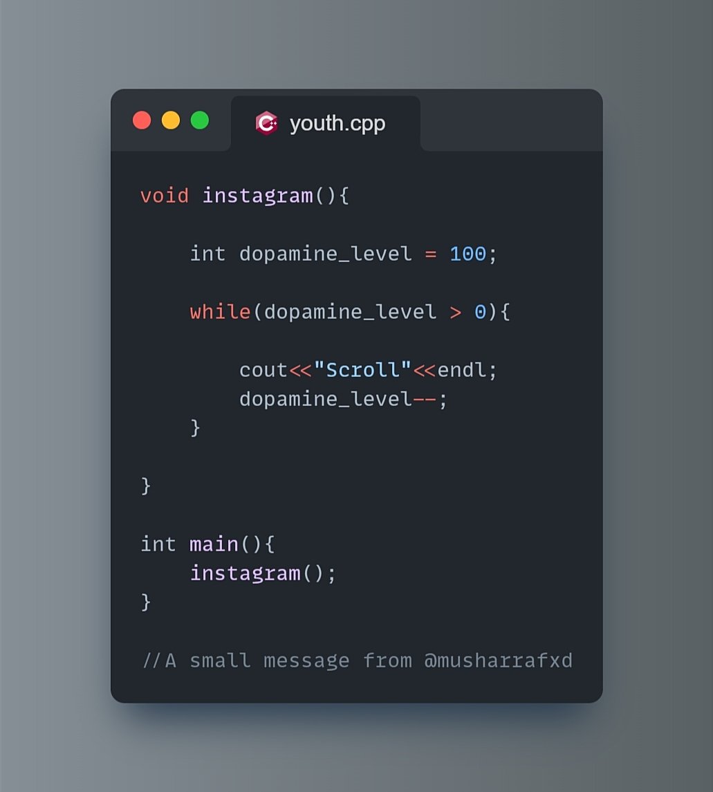 musharrafdev's tweet image. Just a thought!

#instagram #code #2k24 #YOUTH #india #computersciencestudents #cpp #vscode #Reels #distraction
