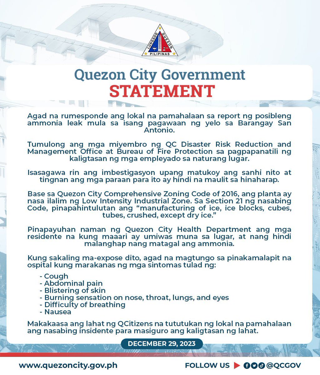 QCGov's tweet photo. STATEMENT OF THE QUEZON CITY GOVERNMENT

Agad na rumesponde ang lokal na pamahalaan sa report ng posibleng ammonia leak mula sa isang pagawaan ng yelo sa Barangay San Antonio. https://t.co/MqzvsEssQe
