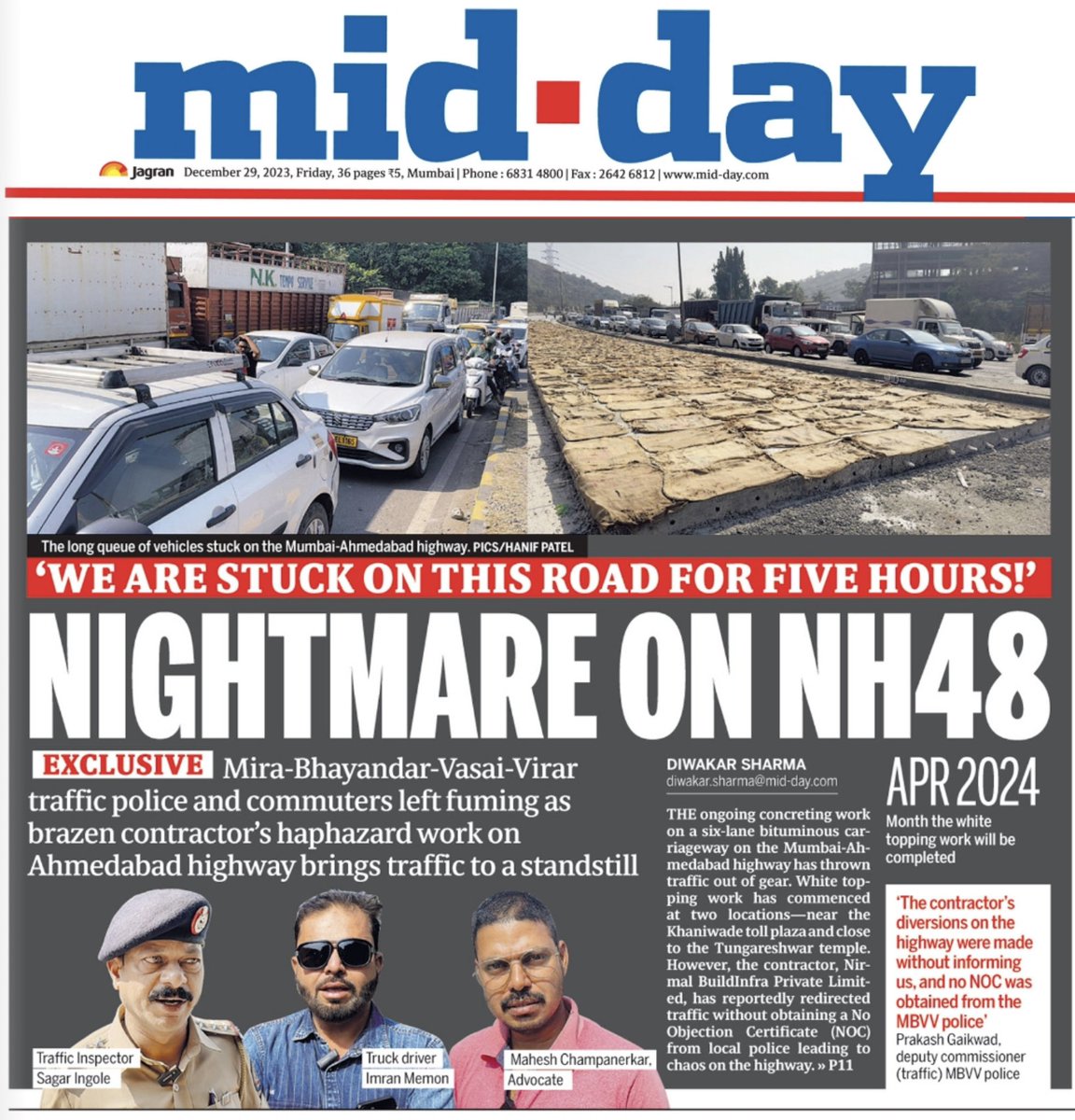 DiwakarSharmaa's tweet photo. #EXCLUSIVE: Mira-Bhayandar-Vasai-Virar traffic police and commuters left fuming as brazen contractor's haphazard work on Mumbai-Ahmedabad #highway brings traffic to a #STANDSTILL. Read the nightmare on NH48. #WhiteTopping #Concretisation #TrafficSnarl #Roads #Chinchoti #Khaniwade https://t.co/7OK5zpbzLt