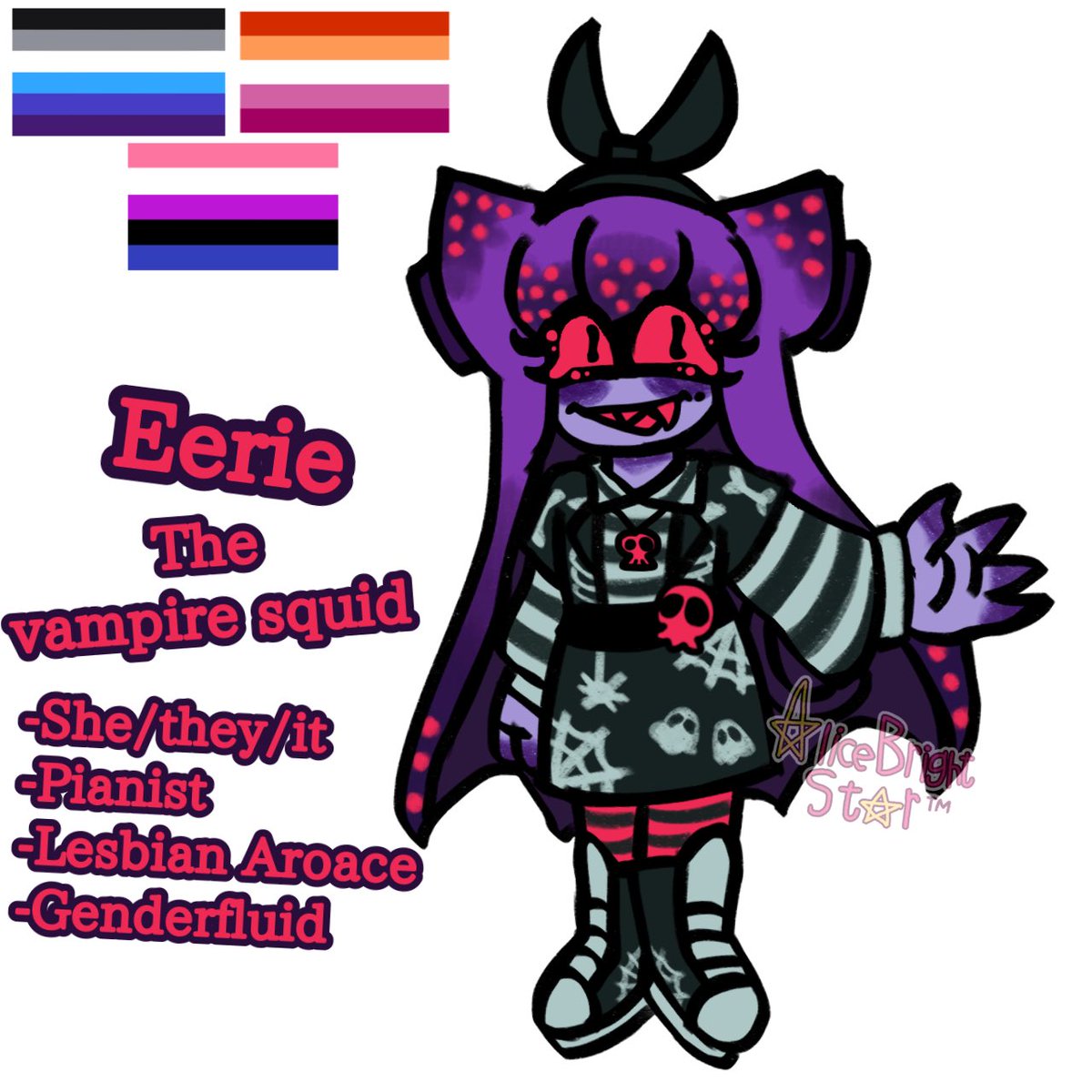 AliceBrightSta's tweet photo. Made a oc for my fictional unname splatband, eerie the pianist vampire squid!
#splatoon #splatart #originalcharacter https://t.co/WfRx8akqza