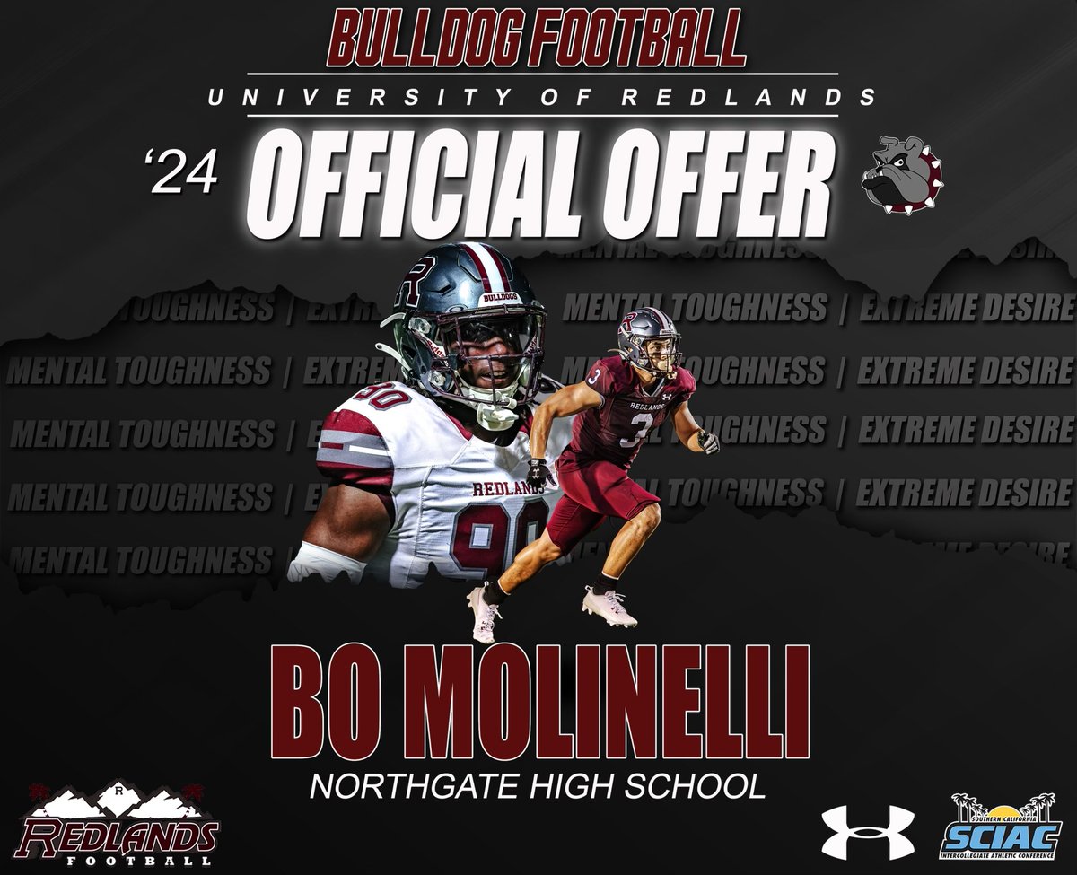 After a great conversation with <a href="/CoachMMMoore/">Matt Moore</a>, I am blessed to have received an official offer from the University of Redlands! 
Thank you Coach Good and Coach Moore for believing in me! 
<a href="/UR_CoachGood/">Jim Good</a> <a href="/NGHS_Football/">Northgate Football 🏈</a> <a href="/UofR_Football/">Redlands Bulldog Football</a> <a href="/westcoastpreps_/">West Coast Preps</a> <a href="/Provinggroundsp/">Provinggroundssp</a>