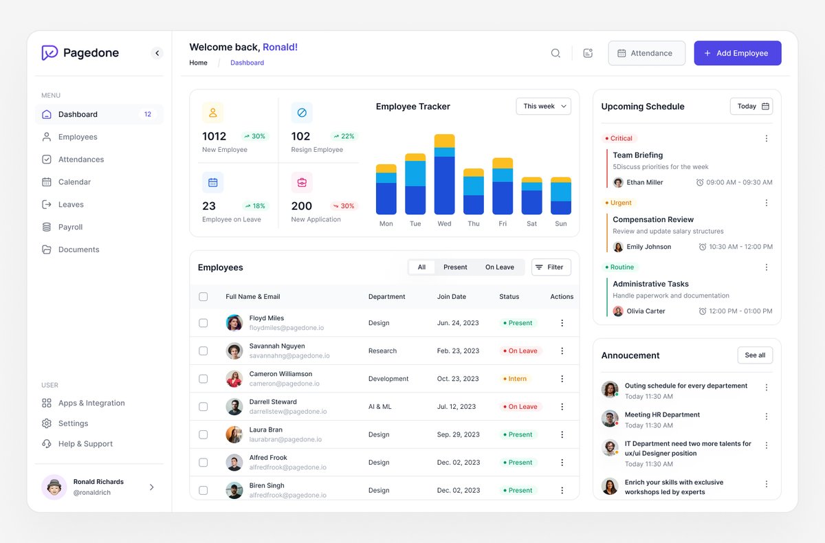 Dashboard Page design coming up really nice for <a href="/pagedone/">Pagedone</a> HR management dashboard.
Stay tuned for more shots.
#buildinpublic #uiux #uxdesign