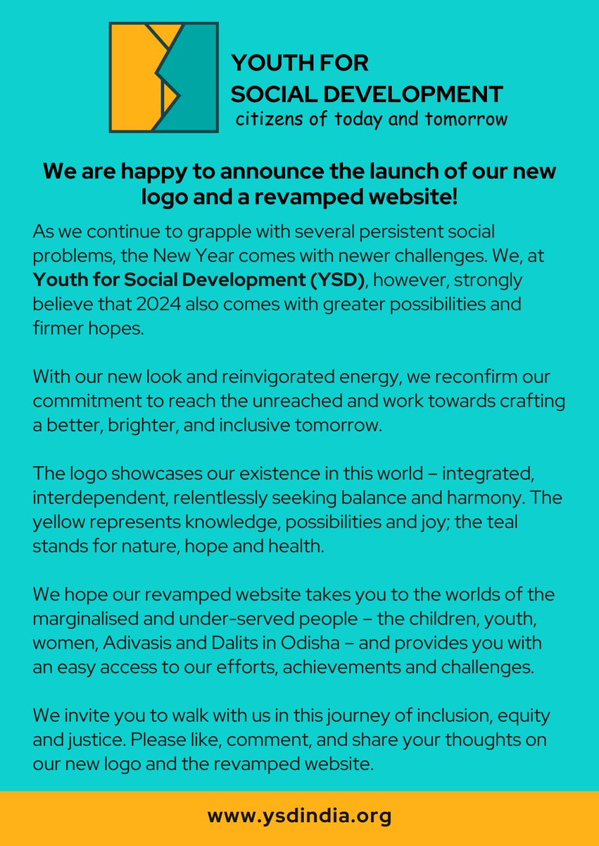 YSDIndia's tweet photo. Youth for Social Development enter the new year, 2024, with a new logo and revamped website.  With a new look and refreshed energies, we reconfirm our commitment to crafting a better, brighter and inclusive tomorrow. Do check us out at https://t.co/TRXHByBnRh ! https://t.co/6nhak8j3A1