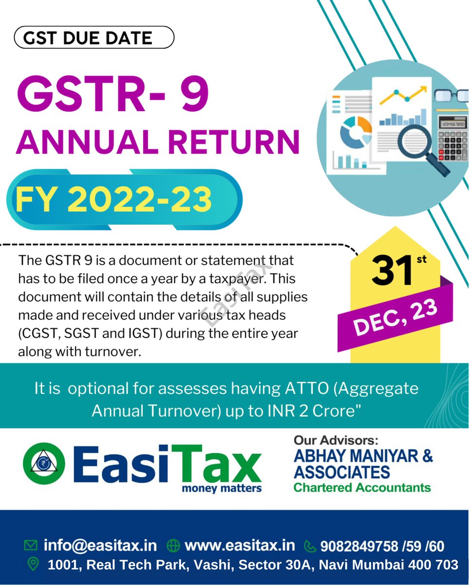 GSTR9 Annual Return FY 2022-23
GSTR 9C is the audit form, that is to be filed annually by taxpayers who have a turnover of more than Rs. 5 crores.
Want to know more about the GSTR-9, Book your appointment with us.

Call us +9190828 49759

#EasiTax #GSTUPDATE #GSTR9 #GST #GSTNews