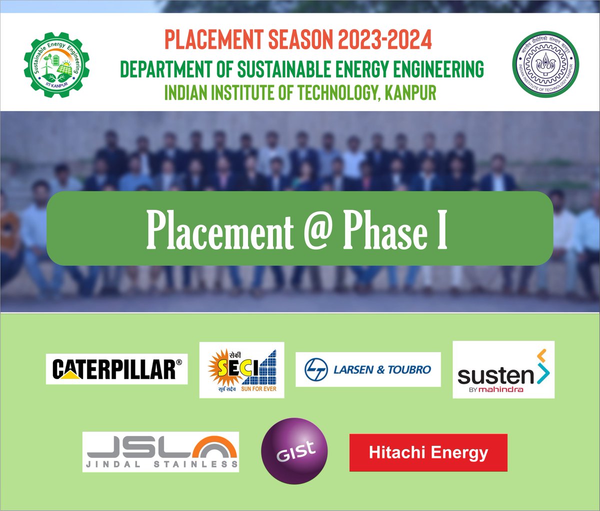 iit_see's tweet photo. Celebrations and congratulations to our students at @iit_see! Phase I of our 2023-24 placements has succeeded, with students getting roles in #BatteryModeling, R&amp;D, #ESG, #PVModule expertise, and more. We anticipate more success and opportunities in Phase II!
#SustainableCareers https://t.co/gFIstapFN2