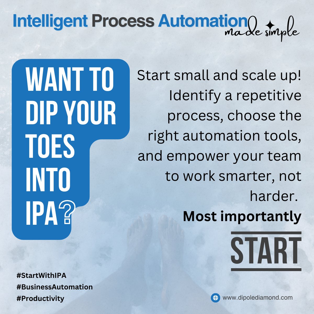 dipoleDIAMOND's tweet photo. Want to dip your toes into IPA? Start small and scale up! Identify a repetitive process, choose the right automation tools, and empower your team to work smarter, not harder. Most importantly START!
#StartWithIPA
#BusinessAutomation 
#Productivity https://t.co/YWNGABKUVy