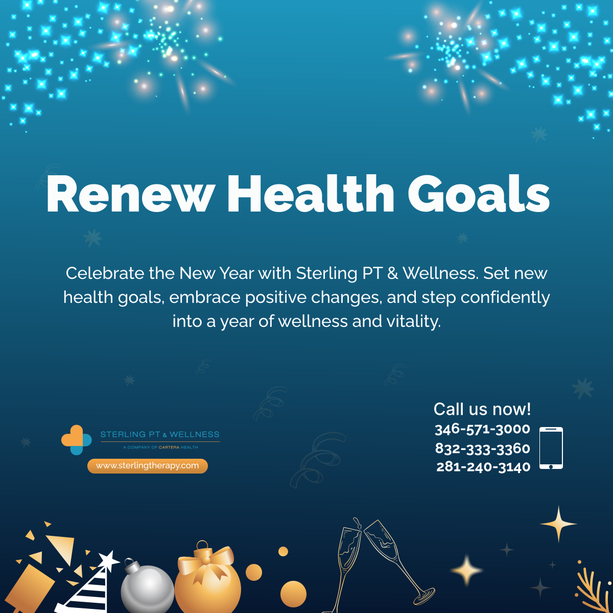 SterlingTherapy's tweet photo. Start the New Year with Sterling PT &amp; Wellness. Let's set health goals together for a year of wellness and vitality. Your journey to better health begins now. 

#NewYear #SterlingPhysicalTherapy #Sugarland #Bellaire #HealthAndWellness #Stafford #Texas https://t.co/zDE5iqryF0