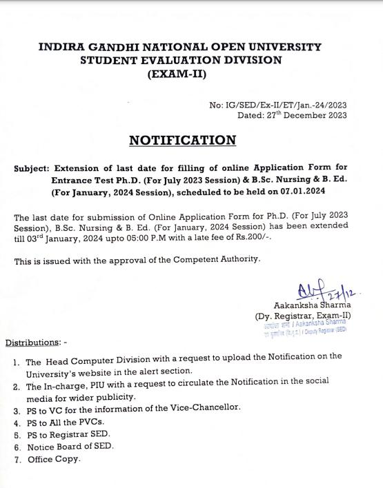 Extension of last date for Submission of Online Application Form for Entrance Test of Ph.D. (For July 2023 Session), BSc Nursing &amp; B. Ed. (For January 2024 Session)