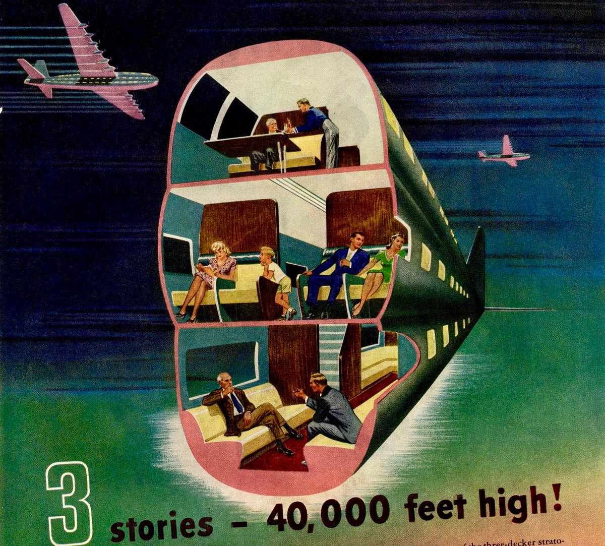 #DECEMBER 1953
🧵
‘3 stories - 40,000 feet high!’
‘Here’s an interior view of one of the three-decker strato-sphere planes that one day may be making non-stop flights between Europe and America. ...’
#illustration #illustrationart #aviation #CommercialAviation #airlines #aircraft