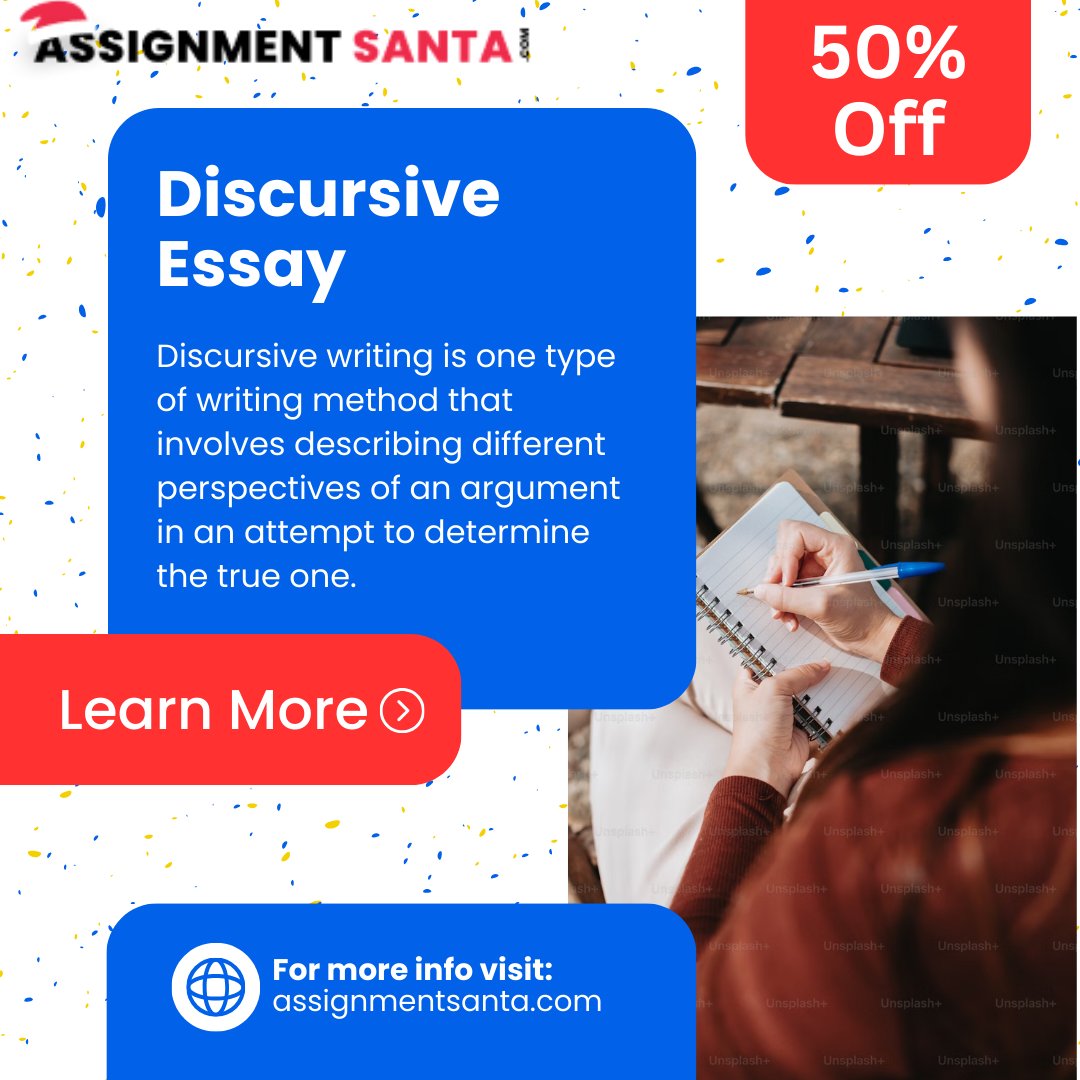 AssignmentSanta's tweet image. A #discursiveessay is an essay where you are required to write on something, which can be either argued for the topic or against the topic.
#essaywritingtips #essayhelp #essaytips #assignmentsanta #ARSWHU
For More: bit.ly/3tDfRfN