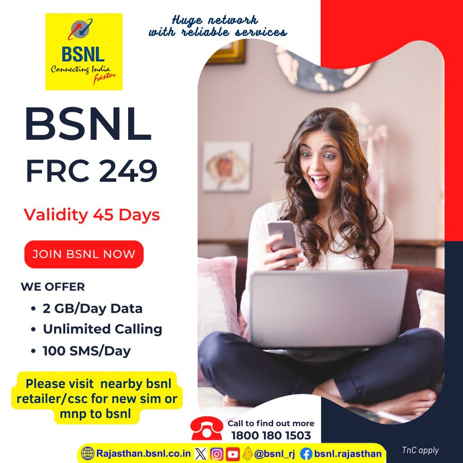 BSNL_RJ's tweet photo. Enjoy surfing, downloading &amp; calling @ economic price.  Join #BSNL or #SwitchToBSNL now through #FRC249  Please visit nearby bsnl retailer/csc for new sim or mnp. #BSNLRJ_Mobile #BSNLRecharge https://t.co/dWTWM1Udfv