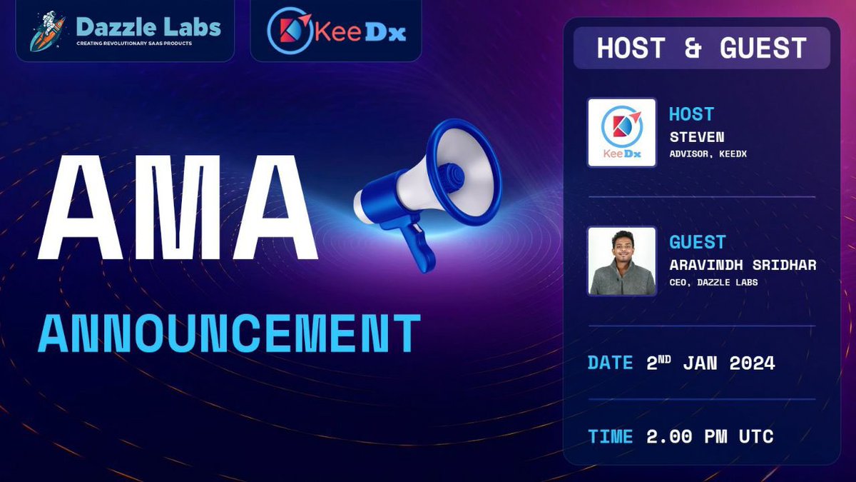 🔥🔊AMA with @dazzle_labs 

🔊✍️ Jan 2 , 2.00 PM (UTC)

😇Giveaway: 100$ Worth of $DZL💰

👉Ask questions by replying to this tweet 🐥 

👀 Must Follow <a href="/keedxt/">KeeDx</a> &amp; @dazzle_labs 

🔥AMA place  t.me/KeeDxChat