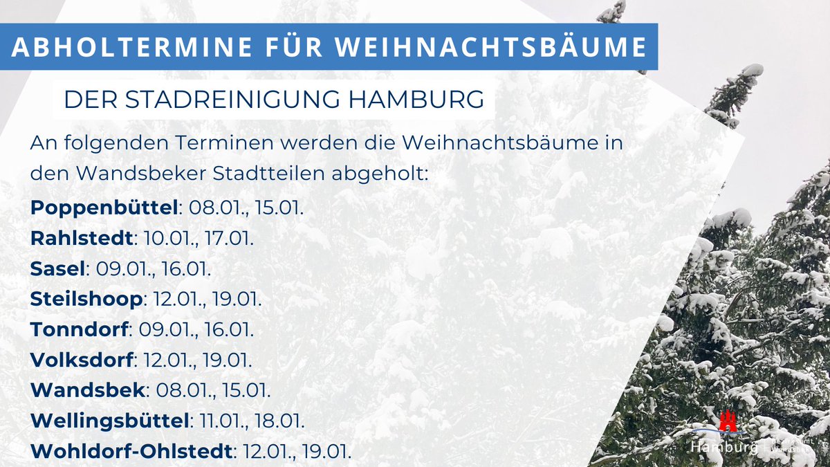 BAWandsbek's tweet photo. 🎄 Wohin mit dem #Weihnachtsbaum? Zum Beispiel in der Tauschecke im Botanischen @Sondergarten abstellen oder von der Stadtreinigung abholen lassen. Die Termine und weitere Infos sind in den Grafiken zu finden 👇 https://t.co/5nIdnoDeNz